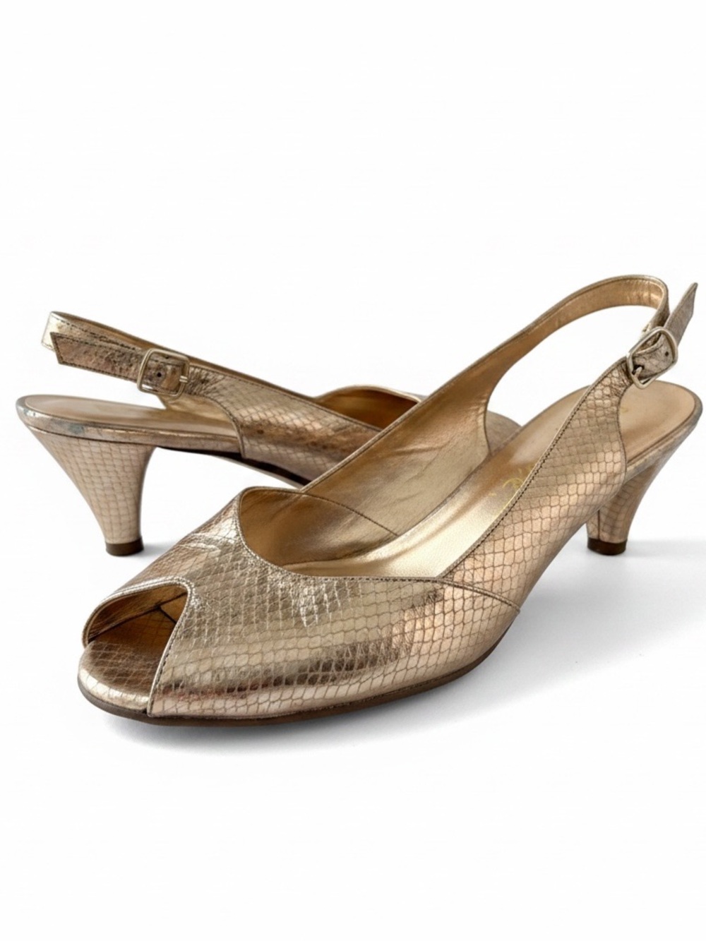 VTG Y2K BCBG Paris Sz 8.5 Kitten Heels Metallic Gold Snakeskin Leather Peep Toe